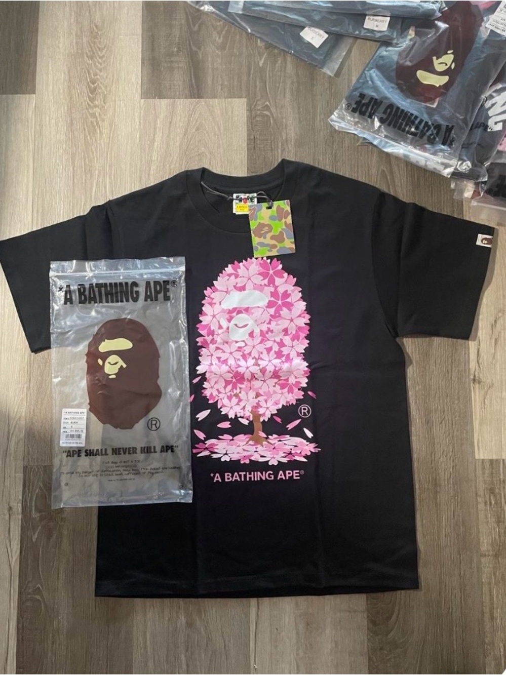 Bape Black Tee with Pink Cherry Blossom Ape Tree Graphic
